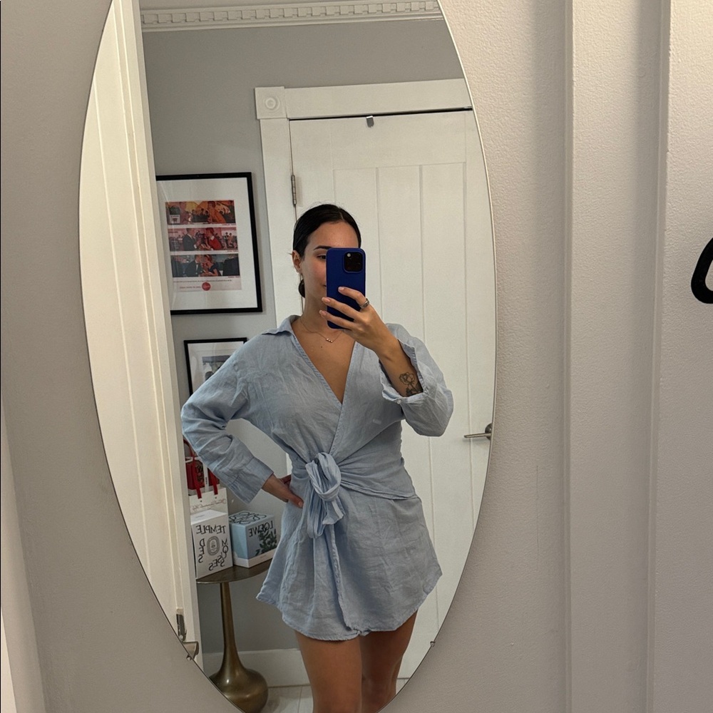100% linen Monday Swimwear Light Blue Mini Wrap Dress